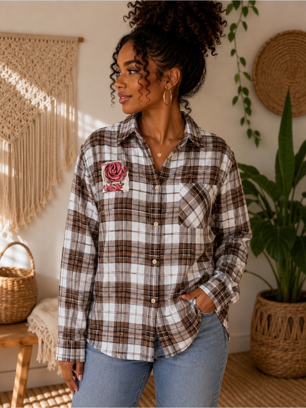 H&M Relaxed Fit Upcycled Flannel Shirt – Women’s Small | Handmade Floral Patchwo - Picture 2 of 13
